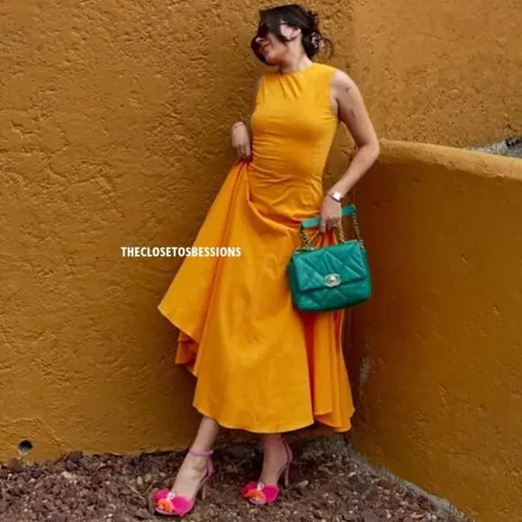 ZARA A-Line Orange Midi Dress NWT | Cotton Blend Blogger Fave - Picture 12 of 16
